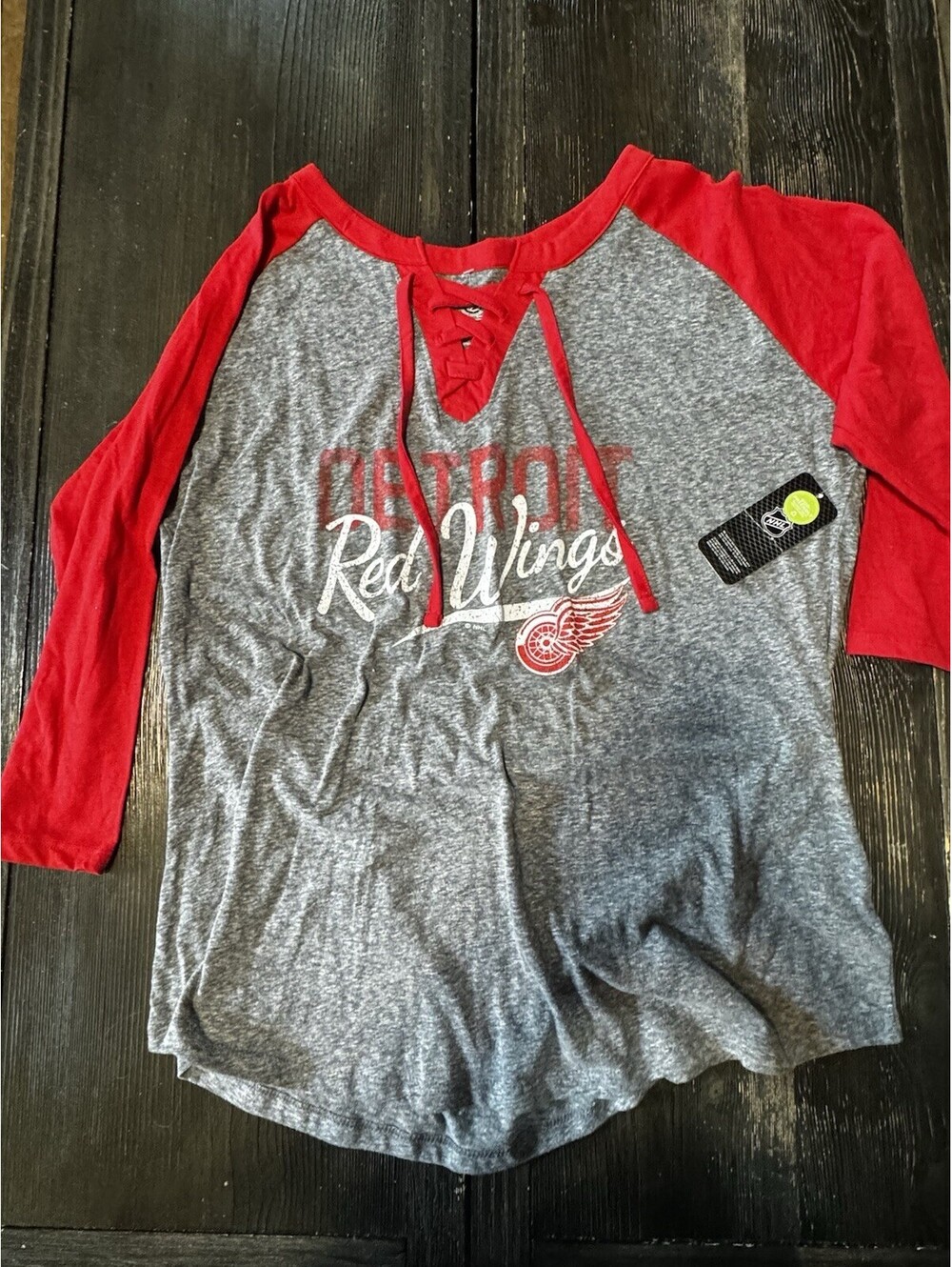 NWT Detroit Red Wings Womens XL 16/18 Lace Up Raglan 3/4 Sleeve NHL Shirt